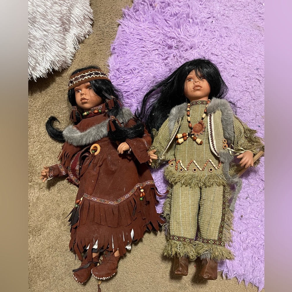 2 PORCELAIN NATIVE AMERICAN 21”INCH TALL VINTAGE DOLLS